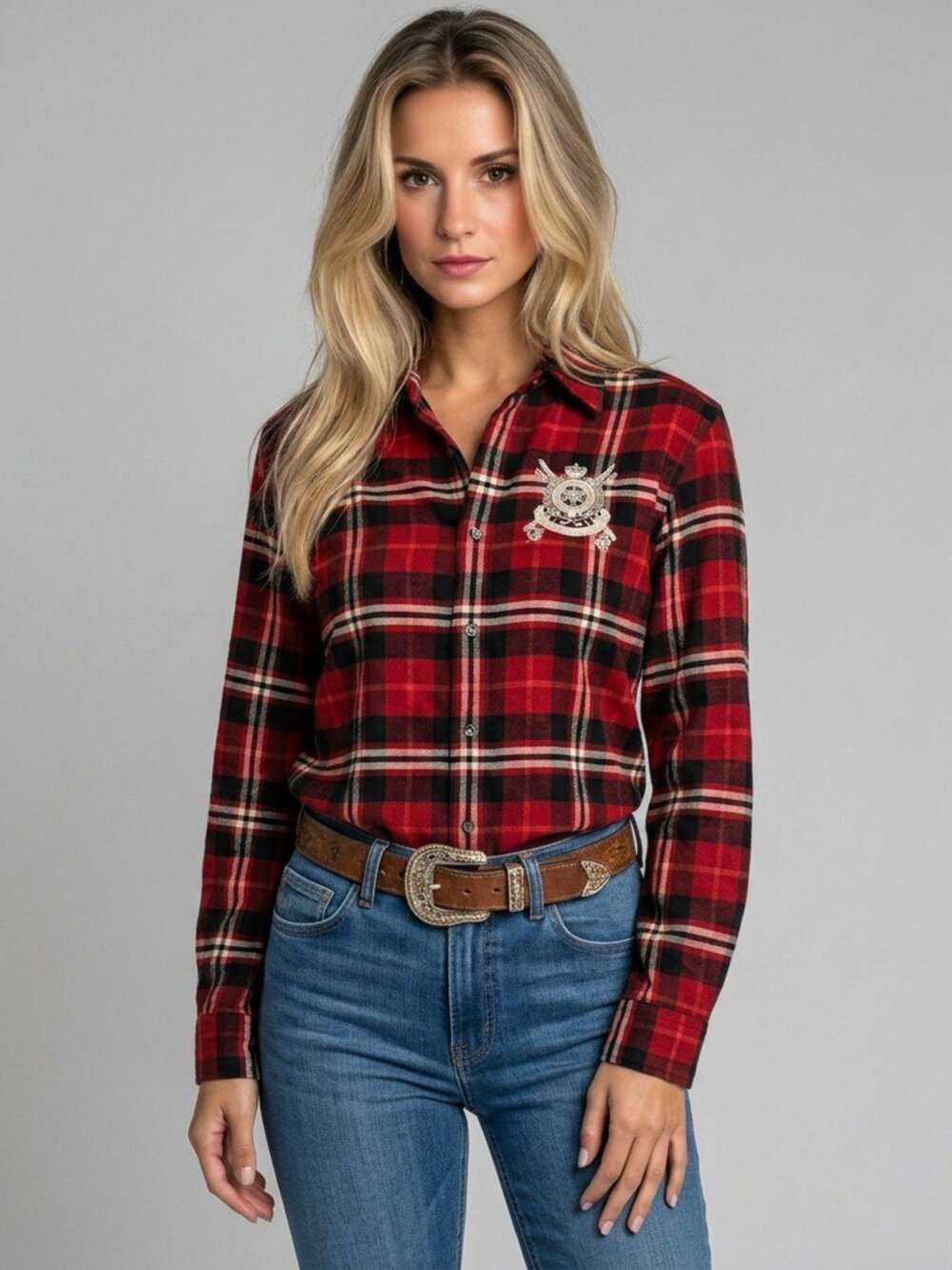 Ralph Lauren Sport Flannel Shirt Womens 2 Plaid Ski Apparel Beaded Logo